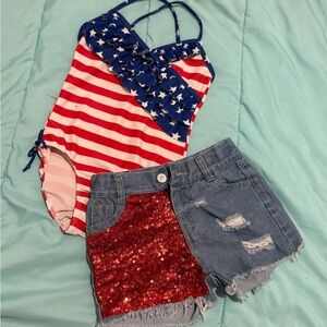Patriotic Swimsuit and Denim Shorts Set